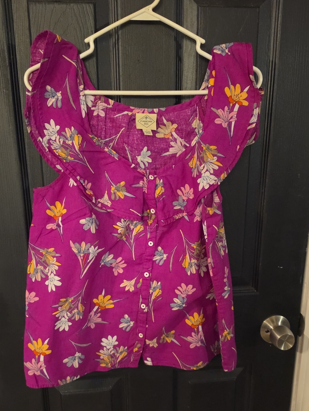 St. John's Bay Magenta Floral Ruffle-Trim Button Front Top